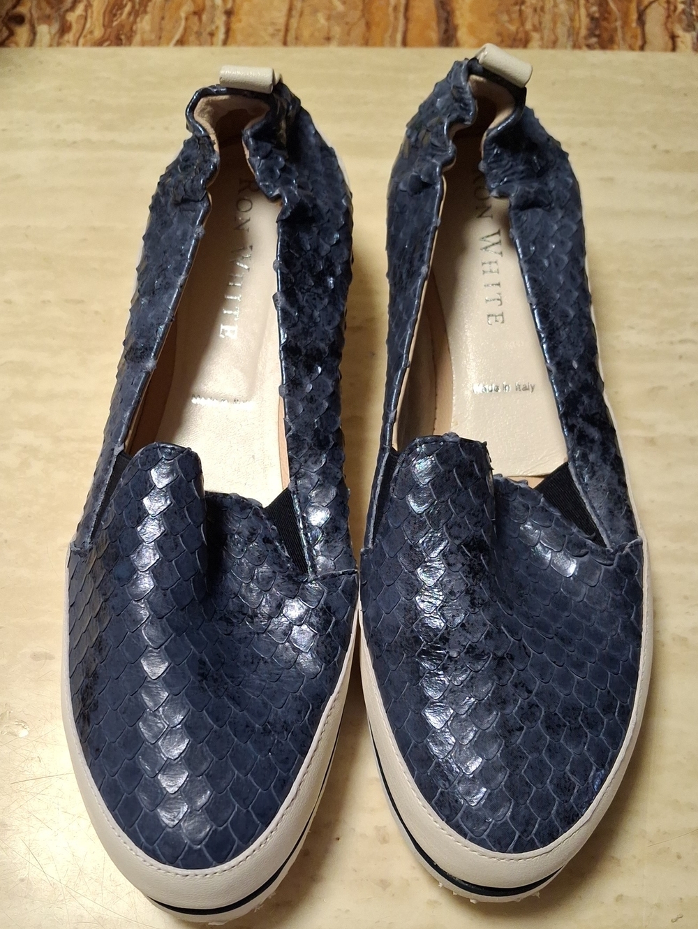 Ron White Navy Snake-Embossed Slip-On Flats with Cream Sole Size 38
